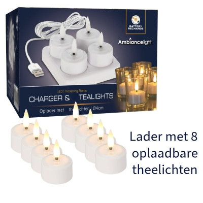 8 Oplaadbare LED Theelichtjes met Lader 8 Oplaadbare LED Theelichtjes met Lader