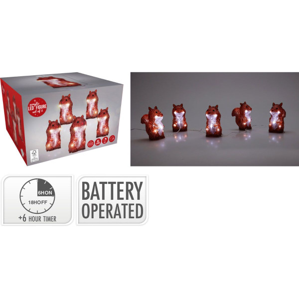 Kerstfiguur Acryl - Eekhoorns - LED - set van 5 Kerstfiguur Acryl - Eekhoorns - LED - set van 5