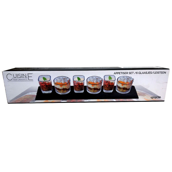 Tapasplank Leisteen met 6 Glaasjes - 42x8 cm - Aperatief set Tapasplank Leisteen met 6 Glaasjes - 42x8 cm - Aperatief set