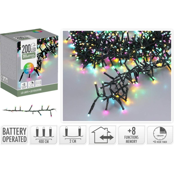 Micro Cluster 200 led - 4m - Soft Multi Colour - Batterij - Lichtfuncties - Geheugen - Timer Micro Cluster 200 led - 4m - Soft Multi Colour - Batterij - Lichtfuncties - Geheugen - Timer