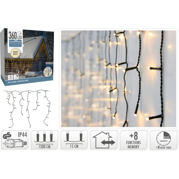 IJspegel verlichting - 12 meter - 360 LED - Timer - Lichtfuncties - Geheugen - warm wit IJspegel verlichting - 12 meter - 360 LED - Timer - Lichtfuncties - Geheugen - warm wit