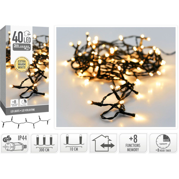 Kerstverlichting 40 led- 3m - extra warm wit - Timer - Lichtfuncties - Geheugen - Buiten Kerstverlichting 40 led- 3m - extra warm wit - Timer - Lichtfuncties - Geheugen - Buiten