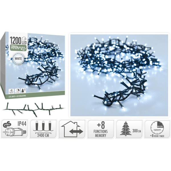 Microcluster - 1200 led - 24m - Wit - Timer - Lichtfuncties - Geheugen - Buiten Microcluster - 1200 led - 24m - Wit - Timer - Lichtfuncties - Geheugen - Buiten