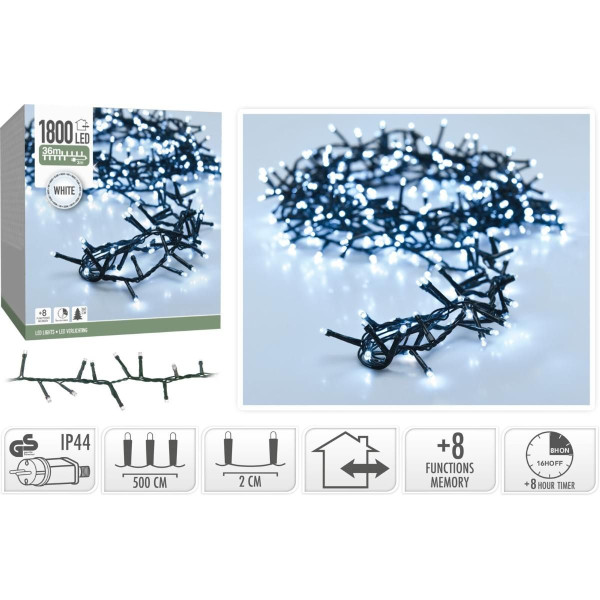 Microcluster - 1800 led - 36m - Wit - Timer - Lichtfuncties - Geheugen - Buiten Microcluster - 1800 led - 36m - Wit - Timer - Lichtfuncties - Geheugen - Buiten