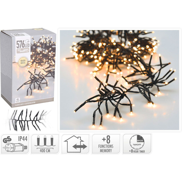 Clusterverlichting - 576 LED - 4m - Timer - Lichtfuncties - warm wit Clusterverlichting - 576 LED - 4m - Timer - Lichtfuncties - warm wit