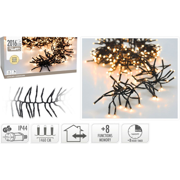 Clusterverlichting - 2016 LED - 14.6m - Timer - Lichtfuncties - extra warm wit Clusterverlichting - 2016 LED - 14.6m - Timer - Lichtfuncties - extra warm wit