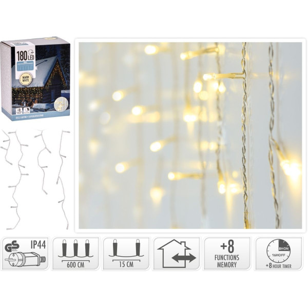 IJspegel verlichting 180 LED - warm wit - Lichtfuncties - Timer - Transparant snoer IJspegel verlichting 180 LED - warm wit - Lichtfuncties - Timer - Transparant snoer