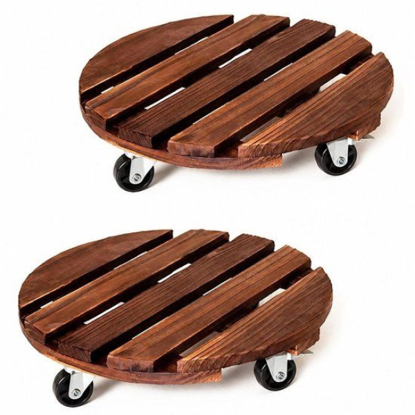 Ceruzo 2x Plantentrolley met Wieltjes - Rond 30 cm - Hout Ceruzo 2x Plantentrolley met Wieltjes - Rond 30 cm - Hout