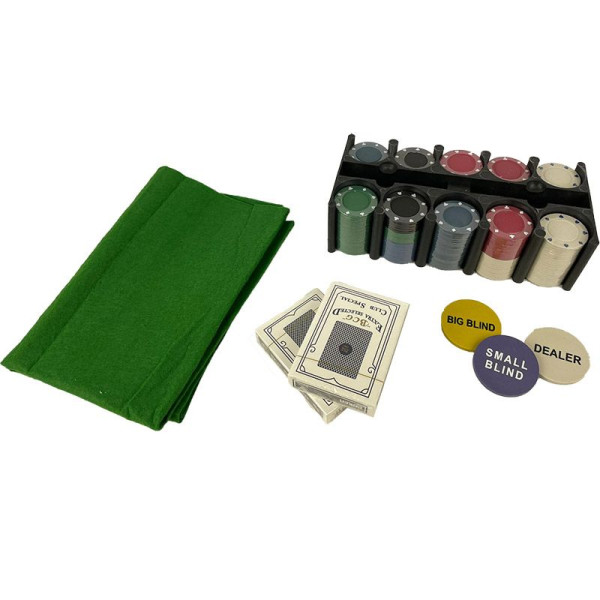 Pokerset 200 pokerchips - inclusief kaarten, pokermat en dealer, big blind en small blind Pokerset 200 pokerchips - inclusief kaarten, pokermat en dealer, big blind en small blind