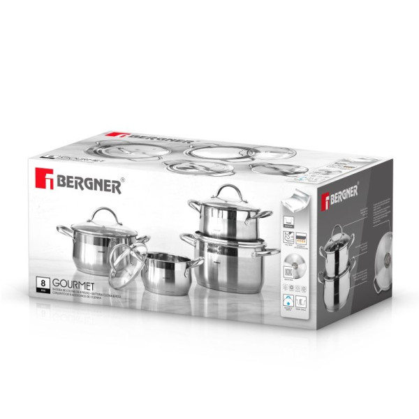 Bergner RVS Pannenset Gourmet - 4 Kookpannen met Deksels - Inductie Bergner RVS Pannenset Gourmet - 4 Kookpannen met Deksels - Inductie