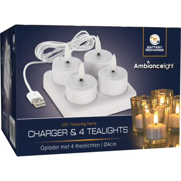 Lader met oplaadbare 4 LED Theelichten Lader met oplaadbare 4 LED Theelichten