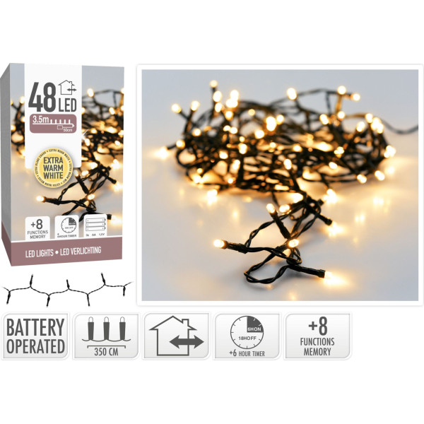 Kerstverlichting 48 led - 3.50m - extra warm wit - Batterij - Lichtfuncties - Geheugen - Timer Kerstverlichting 48 led - 3.50m - extra warm wit - Batterij - Lichtfuncties - Geheugen - Timer