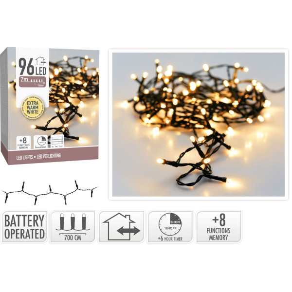 Kerstverlichting 96 led - 7m - extra warm wit - Batterij - Lichtfuncties - Geheugen - Timer Kerstverlichting 96 led - 7m - extra warm wit - Batterij - Lichtfuncties - Geheugen - Timer