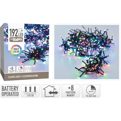 Clusterverlichting 192 led - 1.4m - multicolor - Batterij - Lichtfuncties - Geheugen - Timer