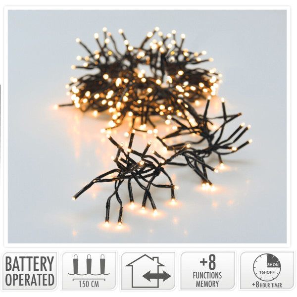 Clusterverlichting 192 led - 1.4m - warm wit - Batterij - Lichtfuncties - Geheugen - Timer Clusterverlichting 192 led - 1.4m - warm wit - Batterij - Lichtfuncties - Geheugen - Timer