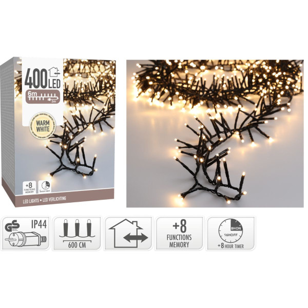 Maxi Cluster Kerstverlichting - 400 led - 6m - warm wit - Timer - Lichtfuncties - Geheugen - Buiten Maxi Cluster Kerstverlichting - 400 led - 6m - warm wit - Timer - Lichtfuncties - Geheugen - Buiten