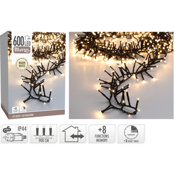 Maxi Cluster Kerstverlichting - 600 led - 9m - warm wit - Timer - Lichtfuncties - Geheugen - Buiten Maxi Cluster Kerstverlichting - 600 led - 9m - warm wit - Timer - Lichtfuncties - Geheugen - Buiten