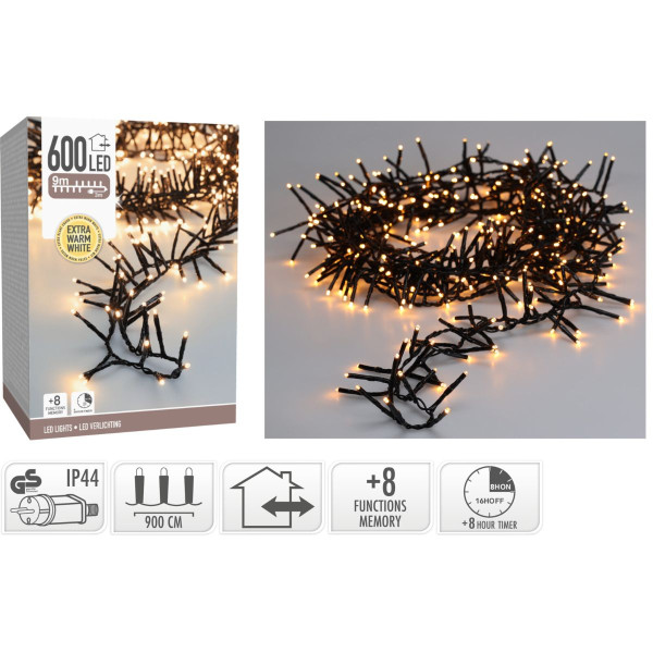 Maxi Cluster Kerstverlichting - 600 led - 9m - extra warm wit - Timer - Lichtfuncties - Geheugen - Buiten Maxi Cluster Kerstverlichting - 600 led - 9m - extra warm wit - Timer - Lichtfuncties - Geheugen - Buiten