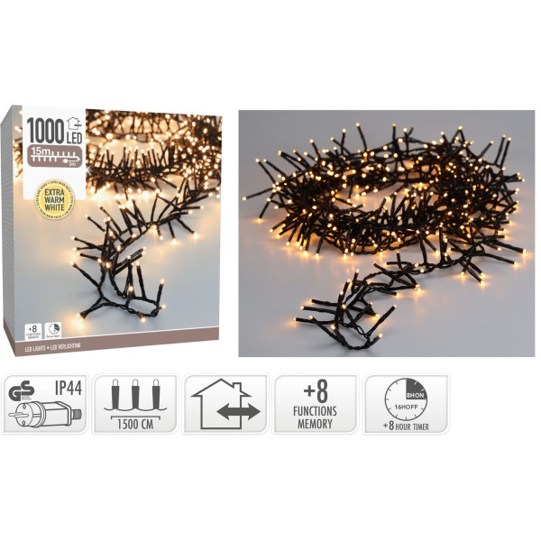 Maxi Cluster Kerstverlichting - 1000 led - 15m - extra warm wit - Timer - Lichtfuncties - Geheugen - Buiten Maxi Cluster Kerstverlichting - 1000 led - 15m - extra warm wit - Timer - Lichtfuncties - Geheugen - Buiten