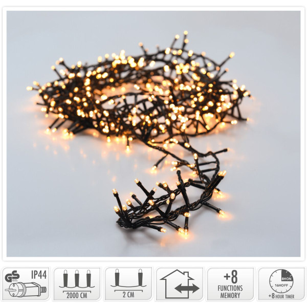 Microcluster - 1000 led - 20m - extra warm wit - Timer - Lichtfuncties - Geheugen - Buiten Microcluster - 1000 led - 20m - extra warm wit - Timer - Lichtfuncties - Geheugen - Buiten