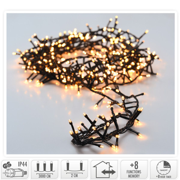 Microcluster - 1500 led - 30m - extra warm wit - Timer - Lichtfuncties - Geheugen - Buiten Microcluster - 1500 led - 30m - extra warm wit - Timer - Lichtfuncties - Geheugen - Buiten