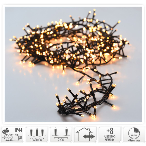 Microcluster - 1800 led - 36m - extra warm wit - Timer - Lichtfuncties - Geheugen - Buiten Microcluster - 1800 led - 36m - extra warm wit - Timer - Lichtfuncties - Geheugen - Buiten