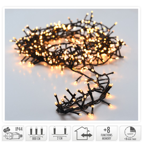 Microcluster - 400 led - 8m - warm wit - Timer - Lichtfuncties - Geheugen - Buiten Microcluster - 400 led - 8m - warm wit - Timer - Lichtfuncties - Geheugen - Buiten
