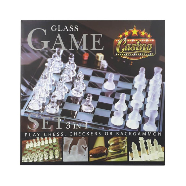 Glazen Spellenset (3-in-1) - Schaken, Backgammon, Checkers Glazen Spellenset (3-in-1) - Schaken, Backgammon, Checkers