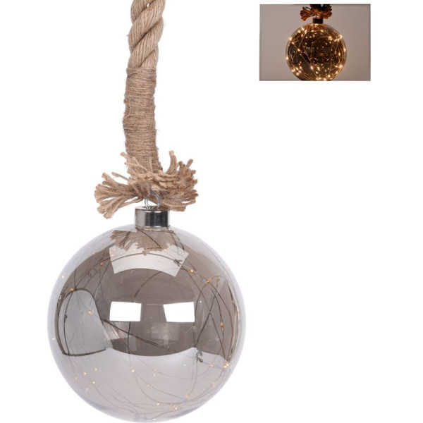Glazen bal met 30 LED's - 15cm - jute touw 100cm Glazen bal met 30 LED's - 15cm - jute touw 100cm