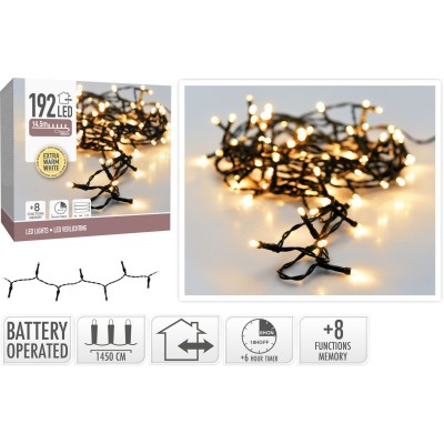 Kerstverlichting 192 led - 14.5m - extra warm wit - Batterij - Lichtfuncties - Geheugen - Timer