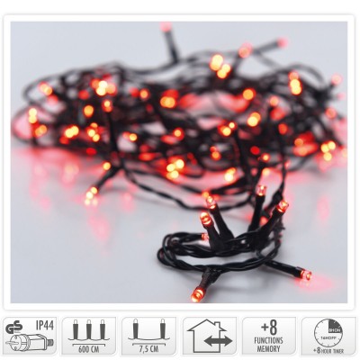 Kerstverlichting 80 led- 6m - rood - Timer - Lichtfuncties - Geheugen - Buiten