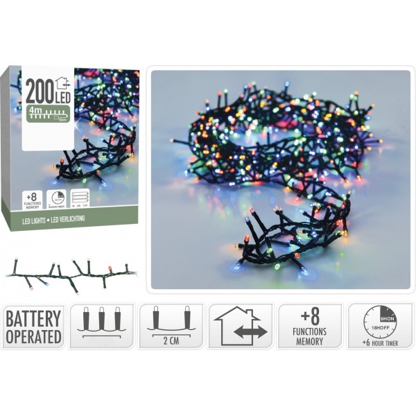 Micro Cluster 200 led - 4m - multicolor - Batterij - Lichtfuncties - Geheugen - Timer