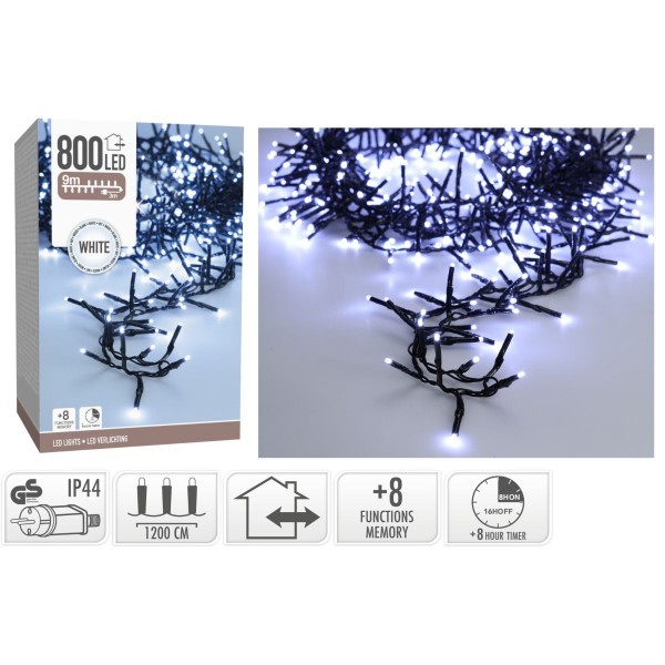 Maxi Cluster Kerstverlichting - 800 led - 12m - wit - Timer - Lichtfuncties - Geheugen - Buiten