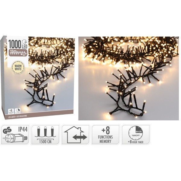 Maxi Cluster Kerstverlichting - 1000 led - 15m - warm wit - Timer - Lichtfuncties - Geheugen - Buiten