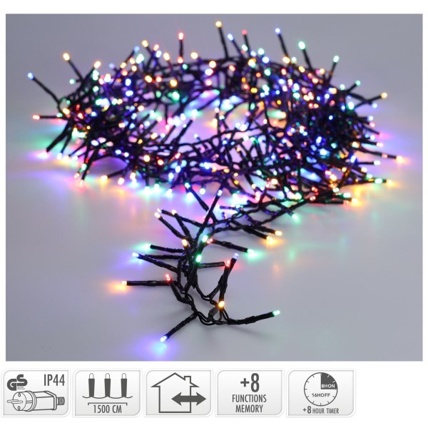 Maxi Cluster Kerstverlichting - 1000 led - 15m - multicolor - Timer - Lichtfuncties - Geheugen - Buiten